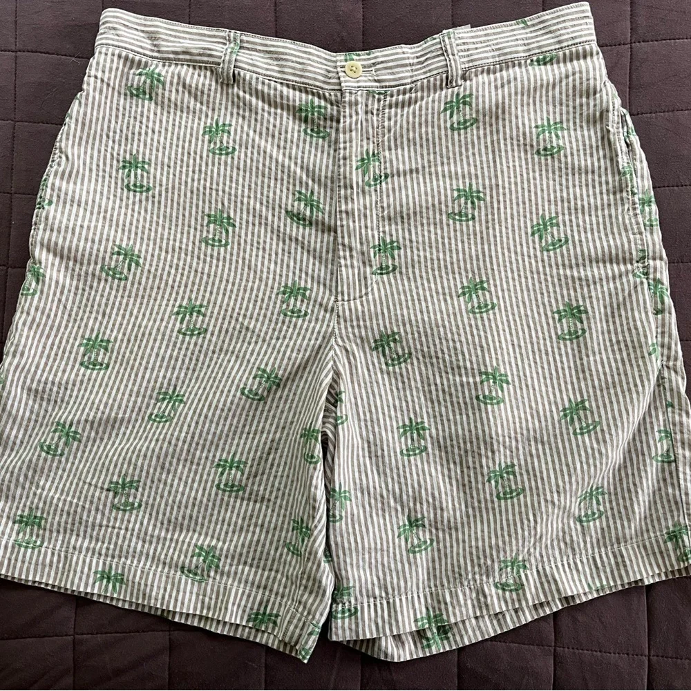 Vineyard Vines Linen Blend Club Shorts Brown White Striped Palm Trees Size 34 - Picture 4 of 10